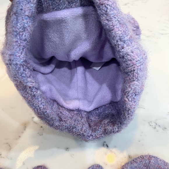 Purple Double Pom Pom Hat Beanie Mittens Set 12-24 Month. - Picture 3 of 5